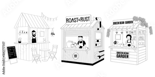 Fotografia A line drawing illustration featuring three distinct small market stalls or kiosks, each representing a small business