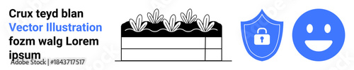 Data security, positive emotions, eco-friendly practices, online safety, sustainable gardening, happiness. Icons of a shield, garden box with plants and a smiling face. Data security