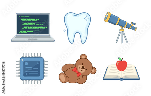 Technology, education, science, and childhood icons set