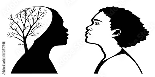 Black vector silhouette illustration of a loving couple in profile head design with a heart symbol for Valentine's romance