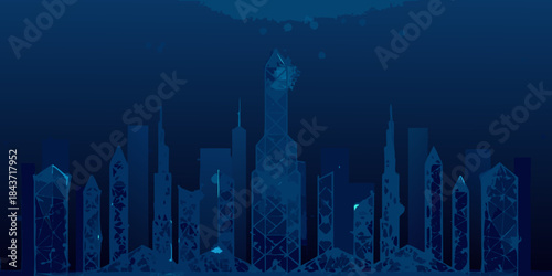A polygonal blue cityscape silhouette against a dark gradient background
