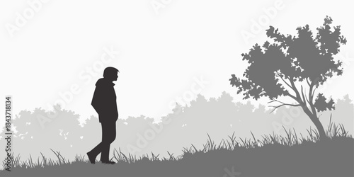 Silhouette illustration of people, including a man running and a family walking in the park with trees, grass, and a sunset sky