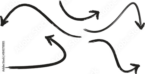 A hand drawn illustration of multiple curved arrows pointing in various directions