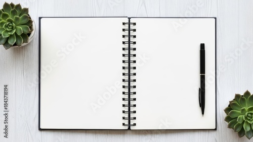 Notebook with Plant and Pen: An open notebook is gracefully positioned on a wooden surface, accompanied by a sleek pen, with two small succulent plants.