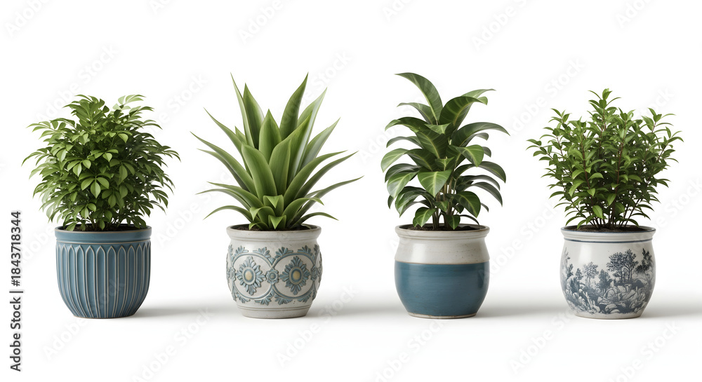 Fototapeta premium Potted Plant Array: An assortment of vibrant, potted houseplants create a delightful display. Each plant boasts unique foliage.