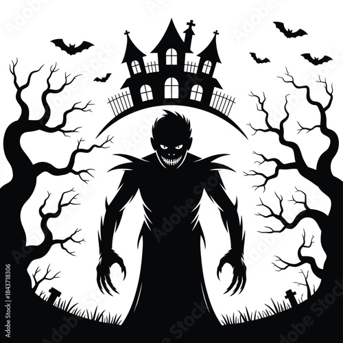 Spooky haunted house silhouette with a menacing monster and bats flying