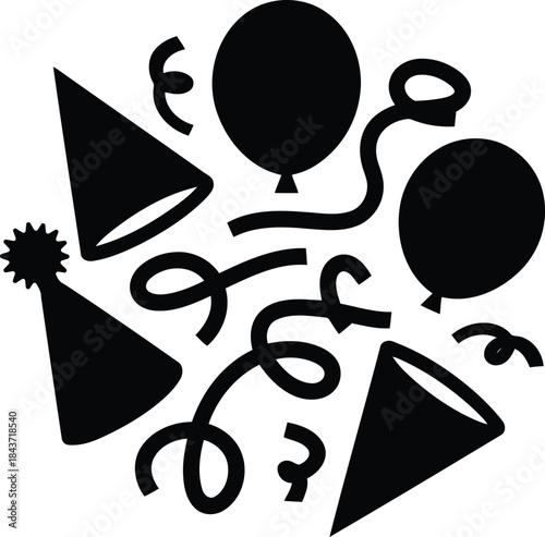 Festive celebration party elements design with balloons, hats, and confetti for joyful occasions and events