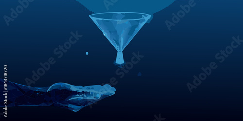 A hand holding a funnel with glowing particles falling into it