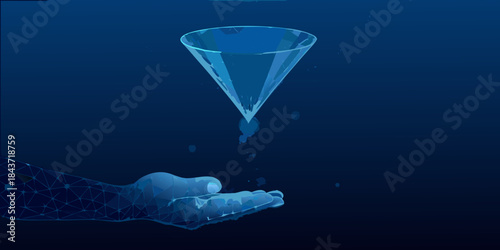 A digital hand holding a glowing translucent funnel in dark blue space