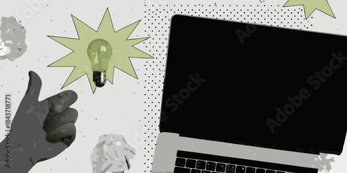 Laptop lightbulb and a thumbs up symbolizing innovative ideas and technology