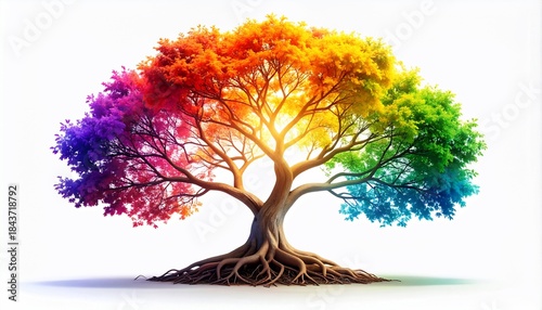 A vibrant rainbow tree against a clean white backdrop, vivid colors and artistry