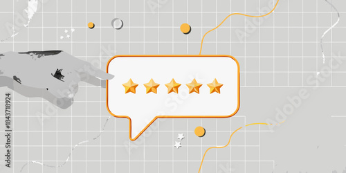 Hand pointing to a speech bubble with five golden stars on a grid background