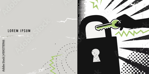 A key unlocking a dark padlock with a dynamic comic book style