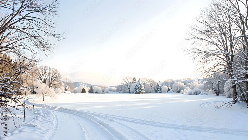 Obraz premium Snowy Winter Landscape with Curved Snow Tracks