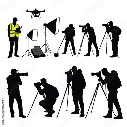 A film crew at work photographers drone and lighting equipment silhouettes