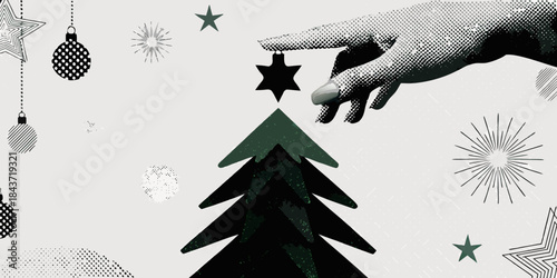 A hand reaching for a star ornament amidst christmas trees and sparkles