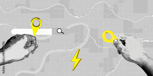 Hands interacting with a map interface showing location and connection elements