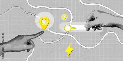 Hands interacting with a map featuring location pins and a connection