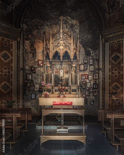 Ornate Altarpiece and Votive Offerings in an Ancient Chapel