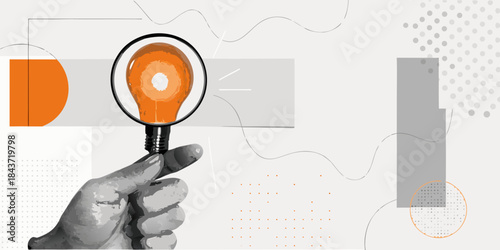 A hand holding a magnifying glass over a glowing light bulb illustration