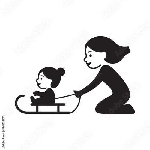 A mother pulling her child on a sled a heartwarming winter scene