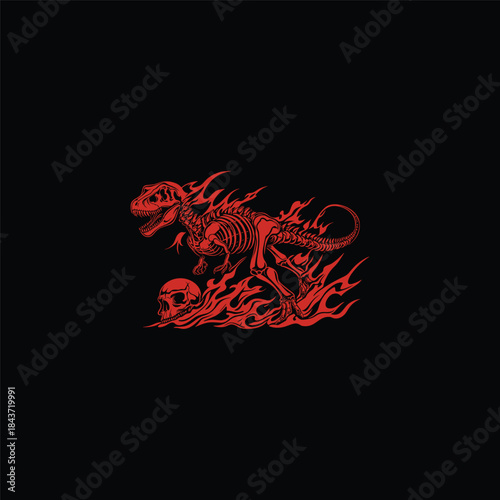 Skeleton of Tyrannosaurus Rex dinosaur on fire with human skull, aggressive line art illustration isolated on black background.