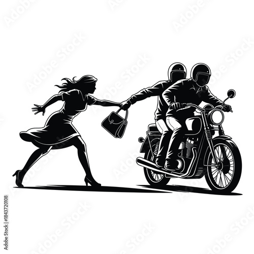 A dramatic scene unfolds woman attempting to stop a motorcycle getaway