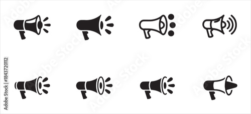 Megaphone speaker voice icon set, message, announcement, broadcast, attention, communication