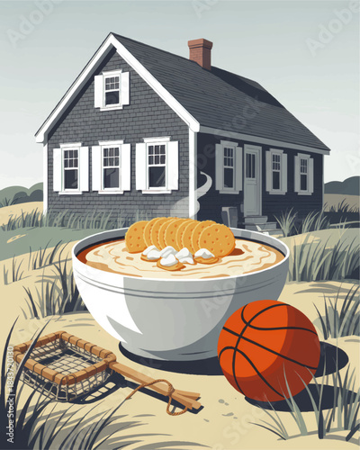 Cozy coastal cottage with steaming chowder bowl, basketball and clam rake in sandy yard, nostalgic New England summer illustration