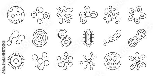 Set of diverse bacteria and virus icons line art depicting various microscopic organisms