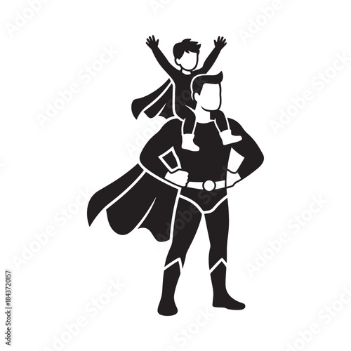 A superhero father carries his son on his shoulders in silhouette