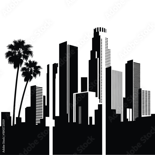 A striking black and white illustration of a city skyline with palm trees