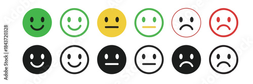 Customer Feedback and Mood Smiley Icons: Happy, Neutral, and Sad Face Ratings Vector Set