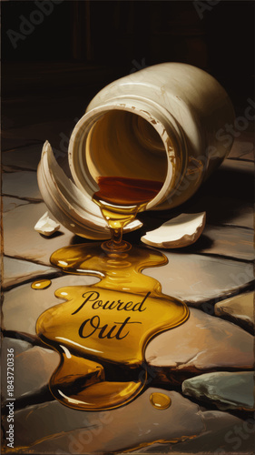 Golden oil poured from broken clay jar on stone floor, inspirational Christian artwork with flowing liquid and “Poured Out” text