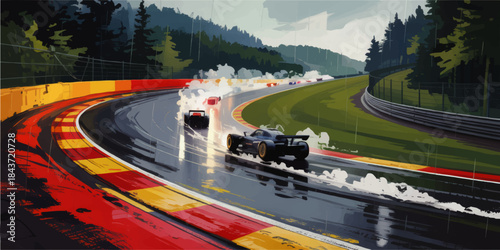 Futuristic sports cars racing in heavy rain on wet circuit track, dynamic motorsport illustration with forest background and motion