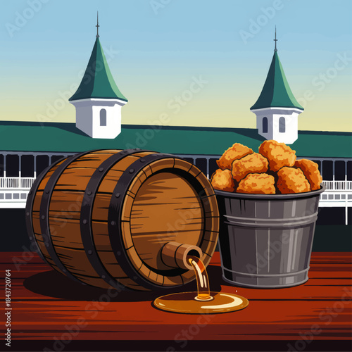 Bourbon barrel and fried chicken bucket on wooden table at racetrack grandstand, colorful vector illustration of Southern food and drink