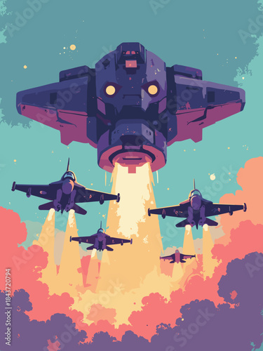 A squadron of retro sci-fi fighter jets flying towards a giant floating robot head in the sky, 80s arcade shooter game style, vibrant explosions, vector illustration