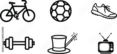 A comprehensive collection of black outline icons representing sports fitness activities leisurely hobbies and entertainment objects
