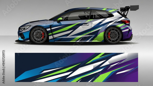 Dynamic racing car with a vibrant abstract graphic wrap design, showcasing speed and modern aesthetics.