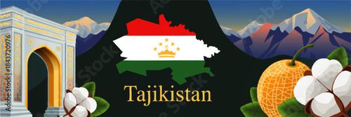 Tajikistan illustration with flag map, mountains, national monument, cotton and melon symbols, Central Asia culture travel banner