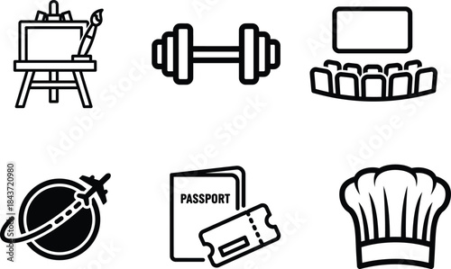 A comprehensive collection of diverse outline icons representing popular hobbies leisure and lifestyle activities perfect for web design