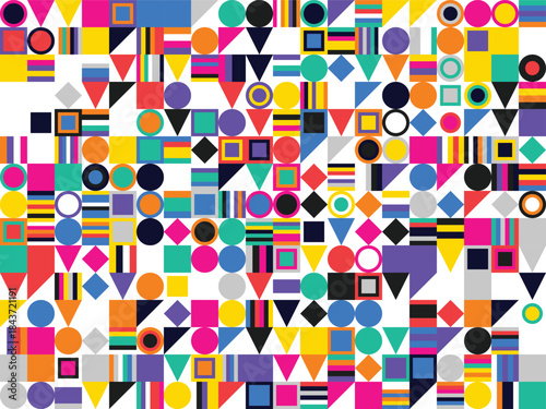 Vibrant Geometric Abstract Pattern with Circles, Squares, Triangles and Modern Seamless Design
