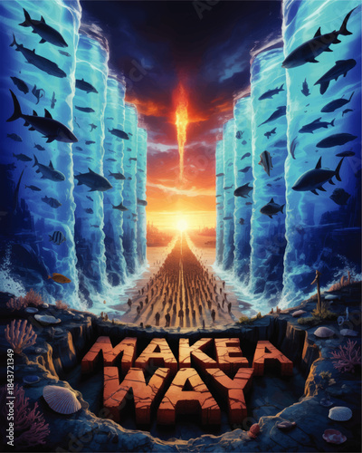 Epic parted ocean path with crowd walking toward sunrise, dramatic fantasy seascape, inspirational make a way typography