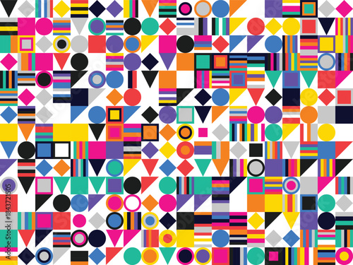Colorful Geometric Shapes Pattern with Circles Triangles and Squares on White Background