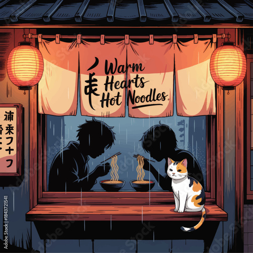 Cozy rainy night ramen shop with cat, anime couple eating noodles under lanterns, warm Japanese street food illustration