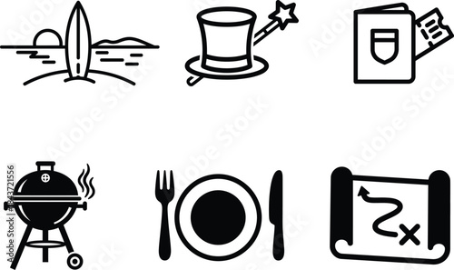 A diverse collection of black line art icons symbolizing summer beach vacation magic grilling dining and exciting treasure map adventures