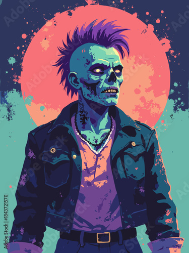 A zombie in 80s punk clothes, mohawk hair, neon green skin, graffiti background, retro horror style, flat vector art