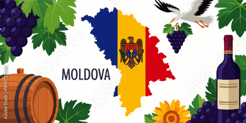 Moldova wine country map with national flag, grapes, barrel, bottle and traditional symbols, colorful tourism and travel illustration