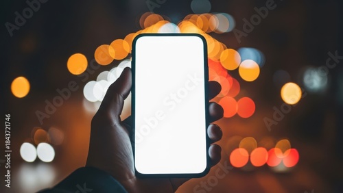 Hand holding blank screen smartphone at night with bokeh lights