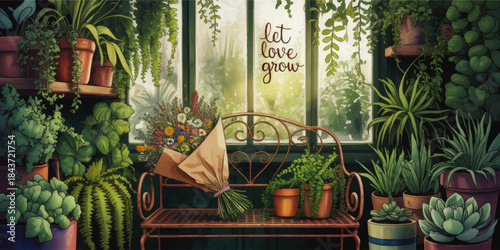 Cozy greenhouse bench with bouquet and potted plants, botanical illustration with quote let love grow, lush indoor garden art
